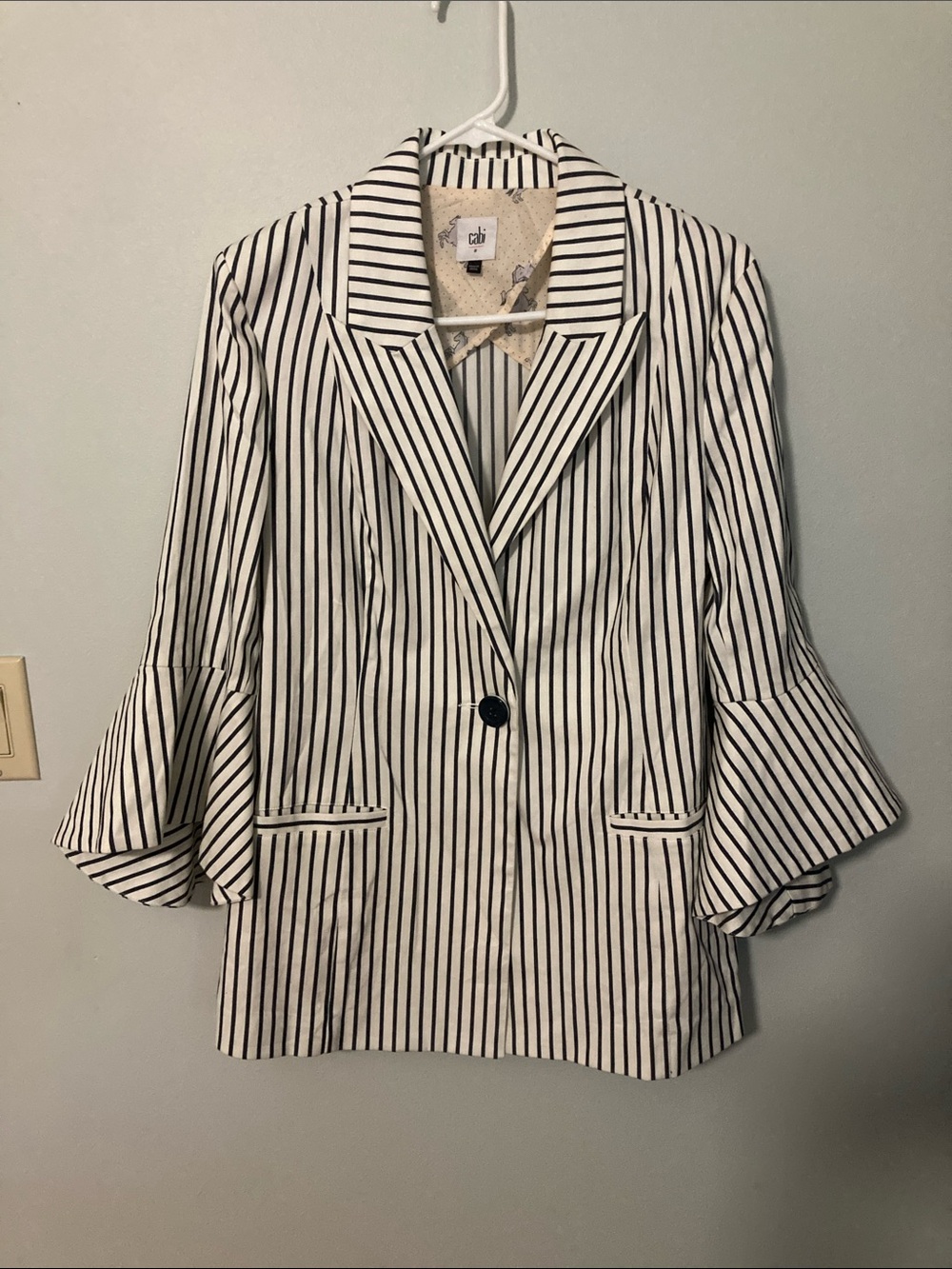 CAbi Navy and White Vertical-Stripe Ruffle-Sleeve Blazer